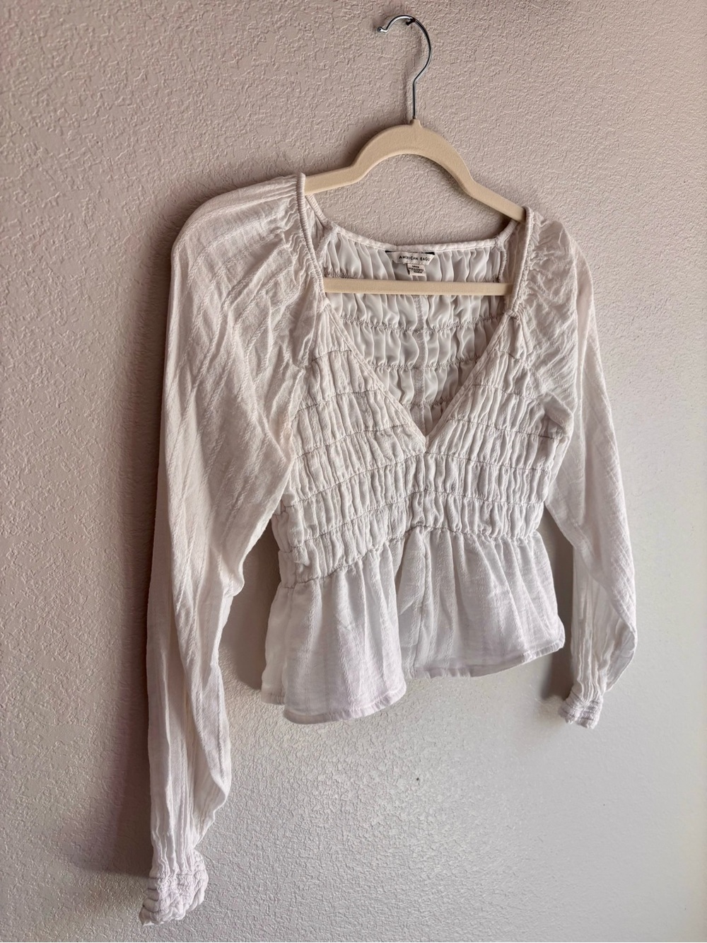 American Eagle Outfitters White Smocked Peplum V-Neck Blouse